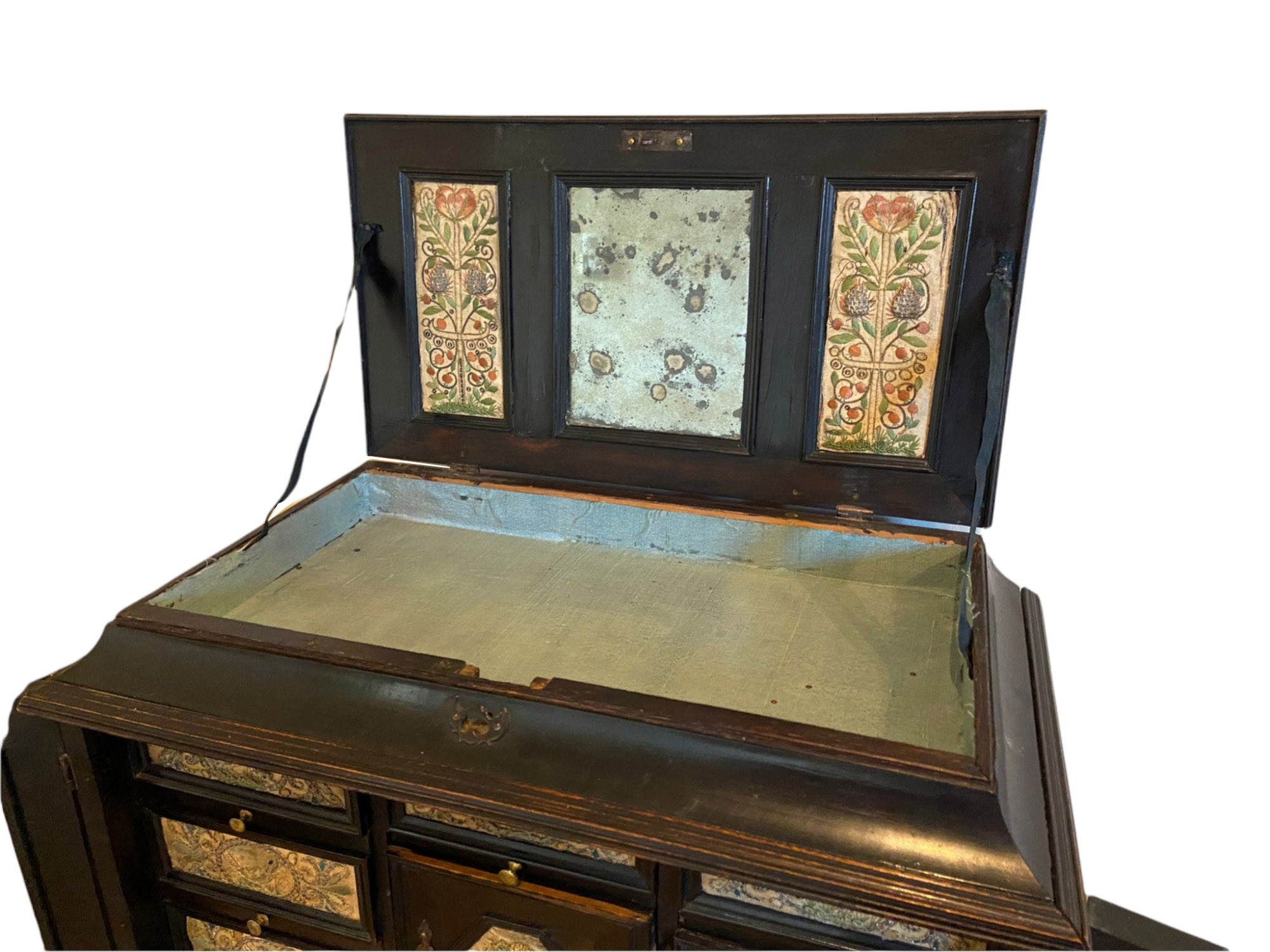 A RARE 17TH CENTURY EBONY IVORY AND EMBROIDERED RAISED WORK ANTWERP CABINET ON STAND The rise and - Image 7 of 12