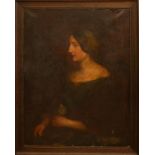 A LARGE 19TH CENTURY OIL ON CANVAS, PORTRAIT OF A LADY CLUTCHING A ROBE Profile view, inscribed