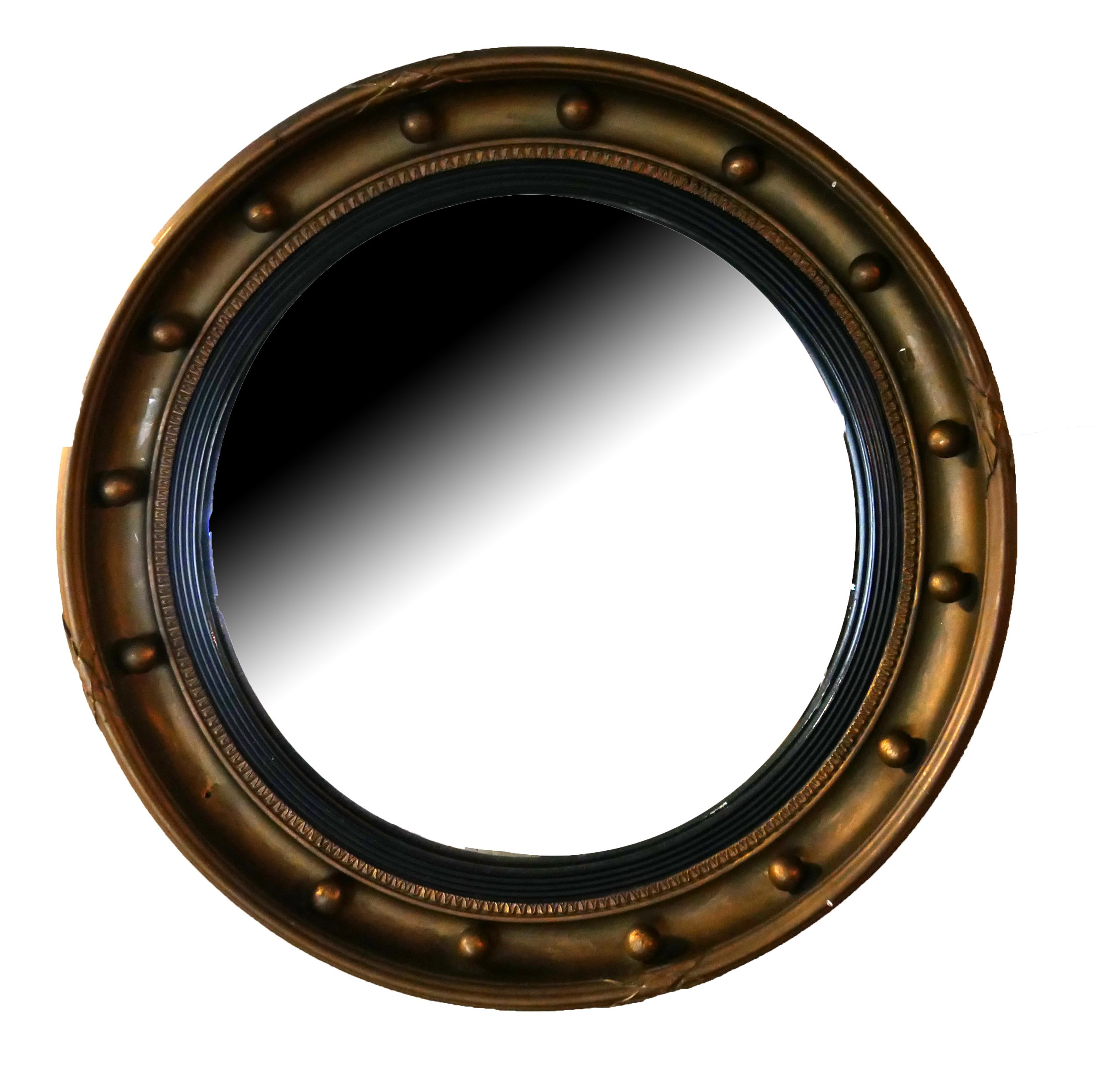 A REGENCY GILT FRAMED CIRCULAR CONVEX MIRROR. (diameter 42cm) Condition: one ball in frame missing
