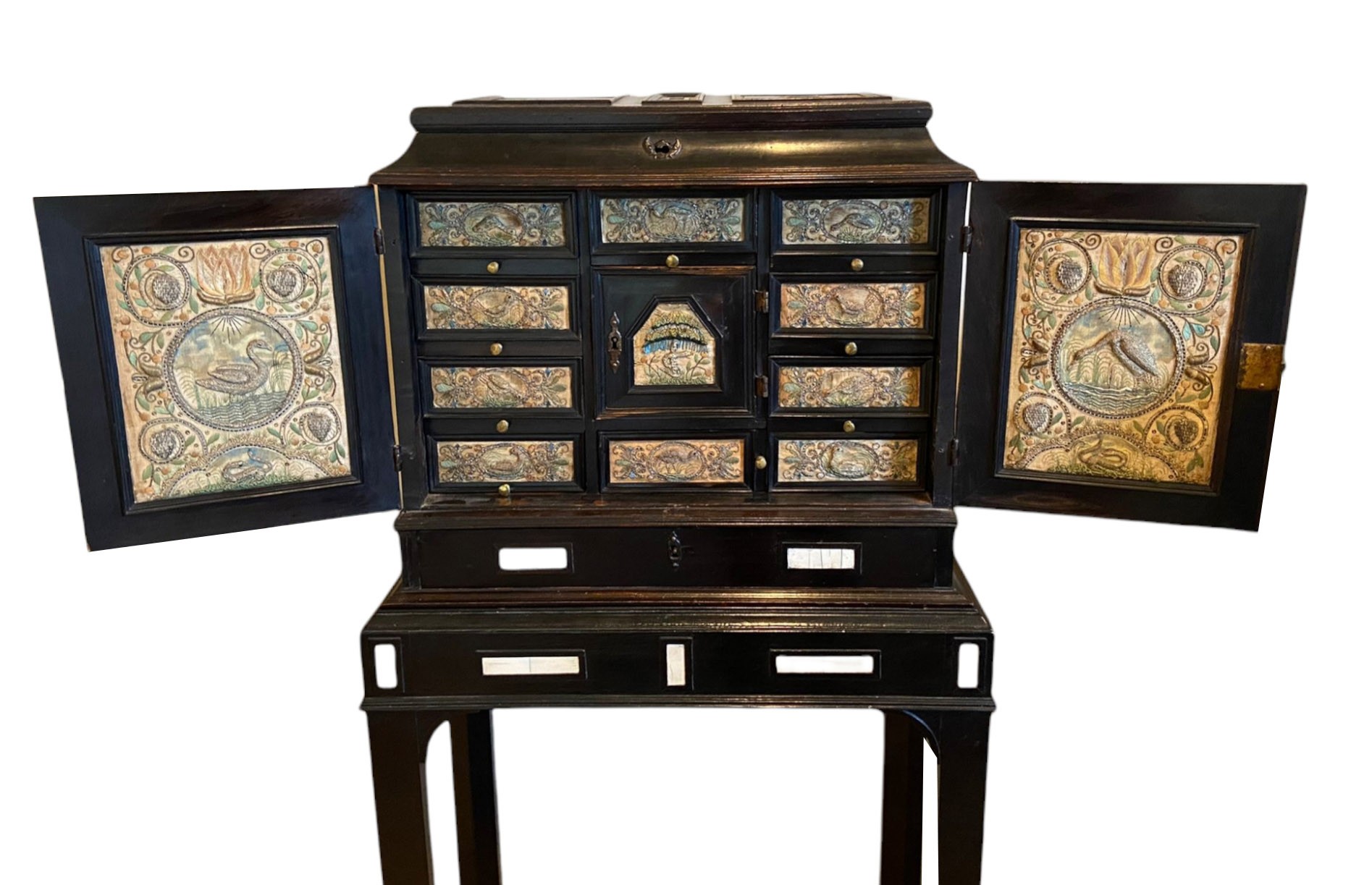 A RARE 17TH CENTURY EBONY IVORY AND EMBROIDERED RAISED WORK ANTWERP CABINET ON STAND The rise and - Image 3 of 12