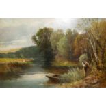 A 19TH CENTURY OIL ON BOARD, LANDSCAPE Figure near a riverbank with rowing boat, indistinctly signed