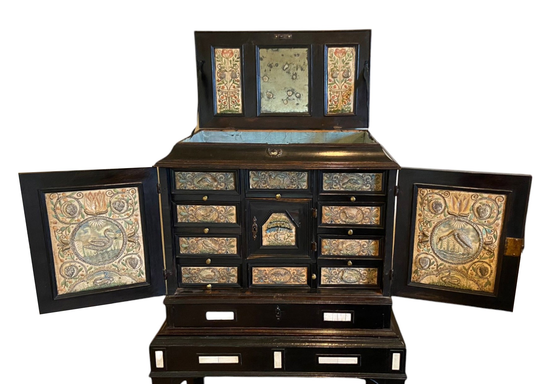 A RARE 17TH CENTURY EBONY IVORY AND EMBROIDERED RAISED WORK ANTWERP CABINET ON STAND The rise and - Image 10 of 12