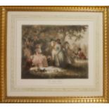 AFTER GEORGE MOORLAND, A COLOURED PRINT Titled 'The Anglers Repast, 1786', mounted, gilt framed