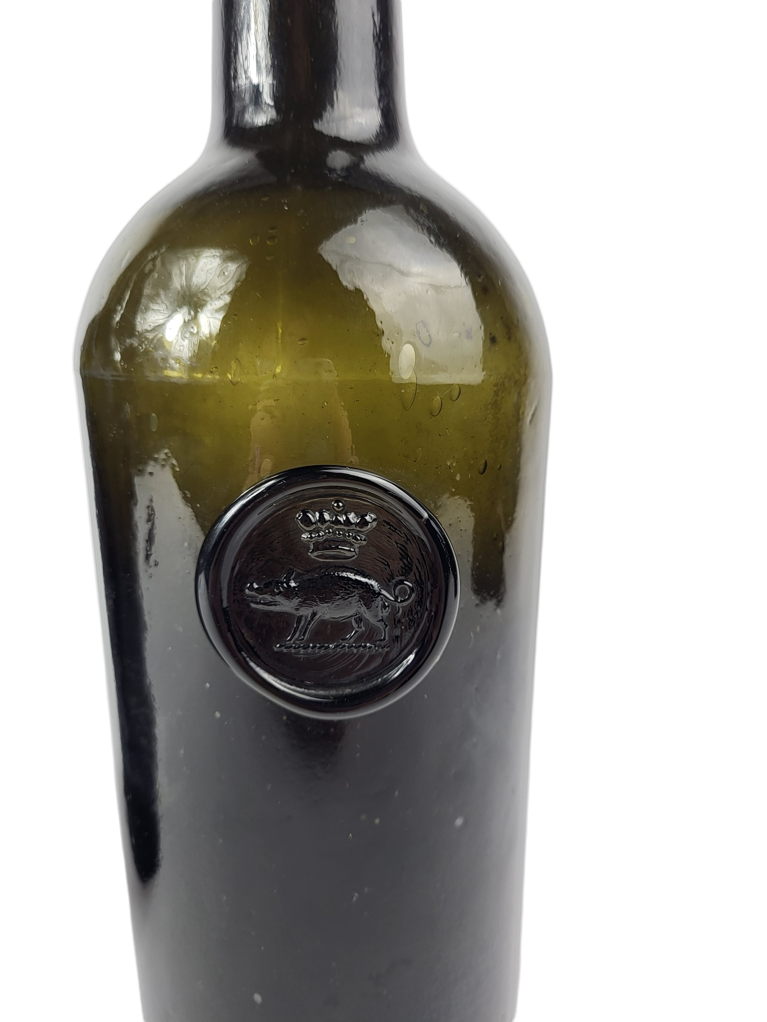 TWO MID 18TH CENTURY DARK GLASS CYLINDER WINE BOTTLES Moulded with circular medallion depicting a - Image 6 of 10