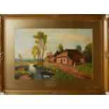 TWO EARLY 20TH CENTURY OIL ON ARTIST BOARD, LANDSCAPES View of a cottage near a stream, signed and