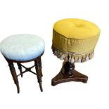 A 19TH CENTURY MAHOGANY DRESSING STOOL With lemon fabric upholstered seat, on turned column and