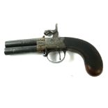 A 19TH CENTURY PERCUSSION CUP PISTOL Having a double barrel, percussion look iron mounts and