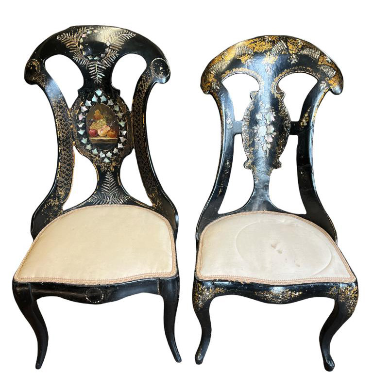 TWO VICTORIAN PAPIER-MÂCHÉ AND MOTHER OF PEARL INLAID BEDROOM CHAIRS. (44cm x 42cm x 90cm)