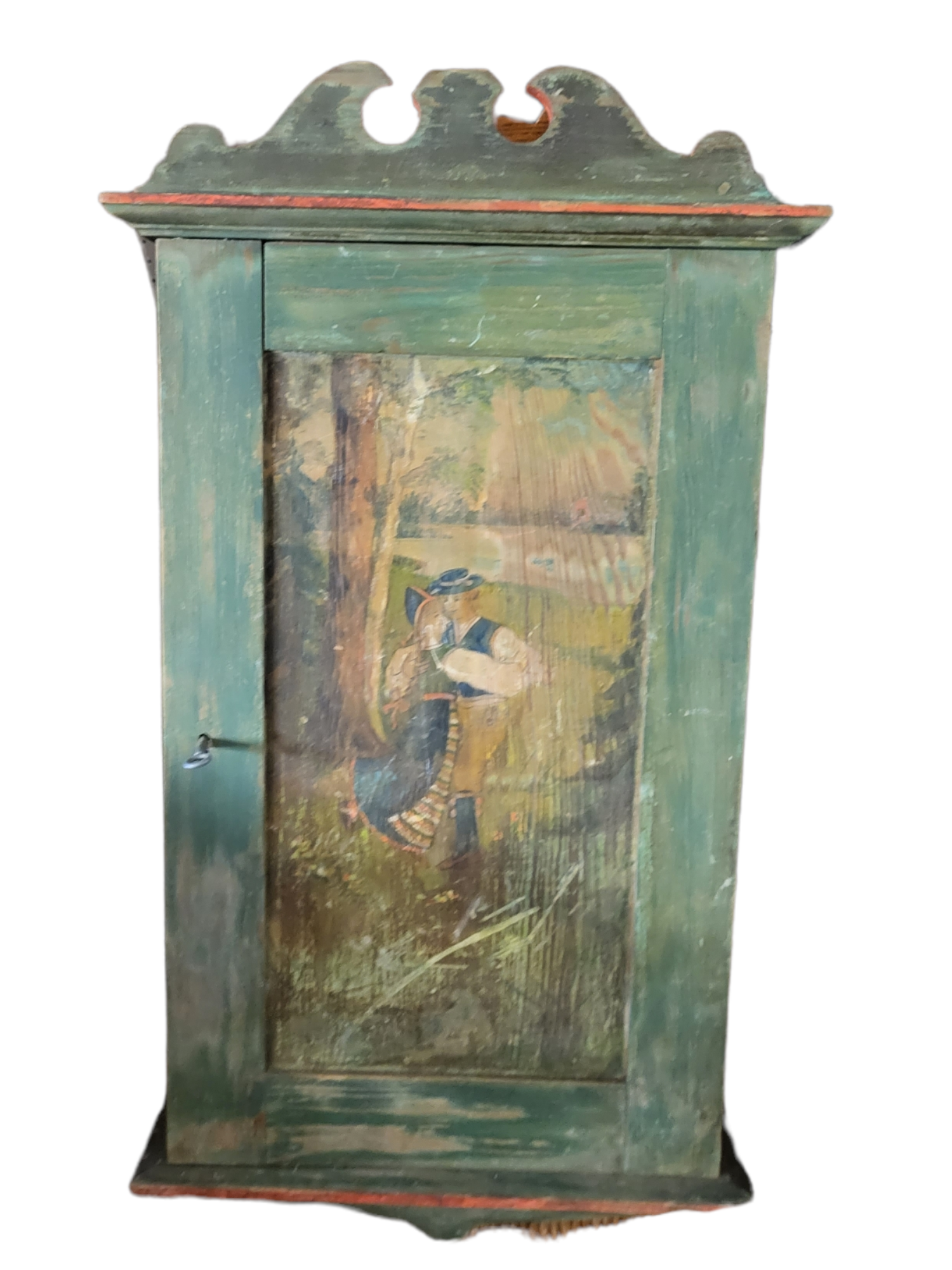 A DUTCH WALL MOUNTED PINE CABINET Decorated with a painted scene of dancers. (39cm x 68cm)