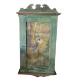 A DUTCH WALL MOUNTED PINE CABINET Decorated with a painted scene of dancers. (39cm x 68cm)