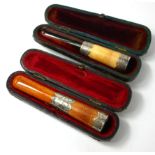 A BOXED LATE VICTORIAN AMBER AND SILVER MOUNTED CIGARETTE HOLDER Together with another Victorian