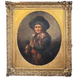 A LARGE 19TH CENTURY OIL ON CANVAS, PORTRAIT OF A YOUNG GENT IN TRADITIONAL ATTIRE CLUTCHING A