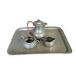 A TUDRIC PEWTER SERVING TRAY With crown pewter three piece tea set. (tray 32cm x 46cm) Condition: