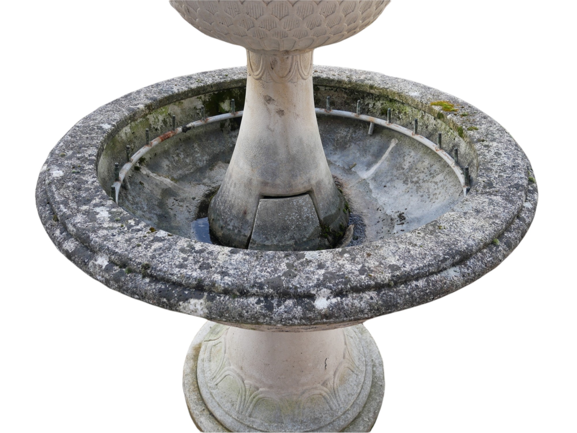 AN EARLY/MID CENTURY RECONSTITUTED STONE GARDEN FOUNTAIN With acorn finial above two graduated scale - Image 2 of 2