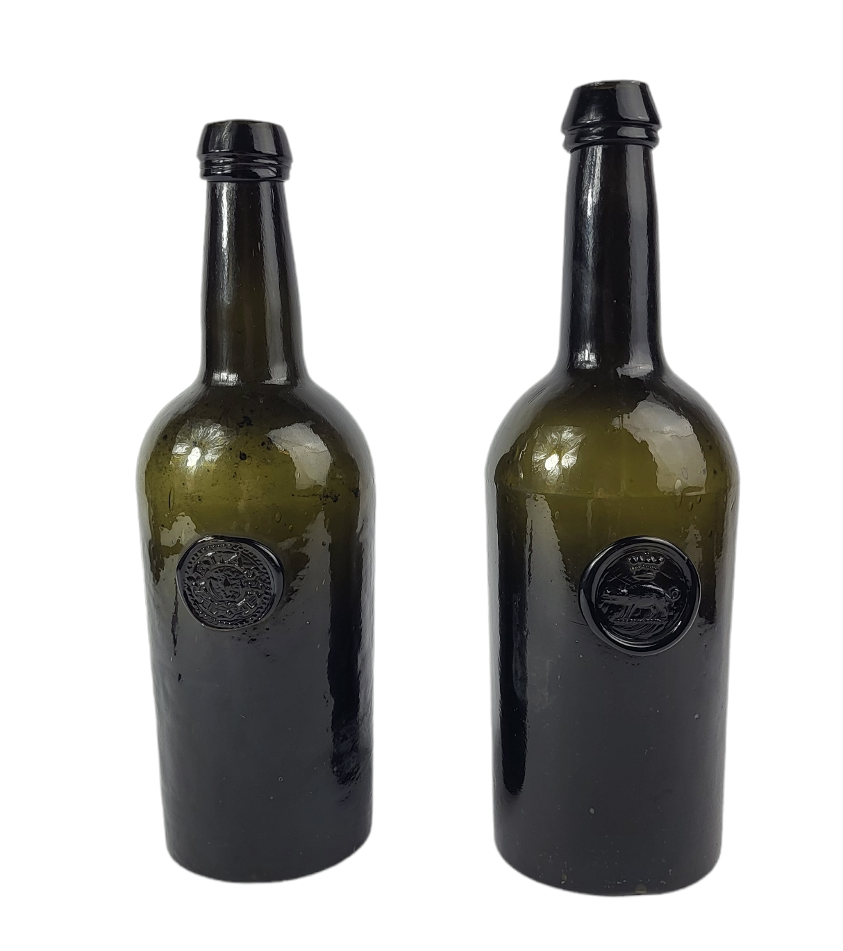 TWO MID 18TH CENTURY DARK GLASS CYLINDER WINE BOTTLES Moulded with circular medallion depicting a - Image 2 of 10