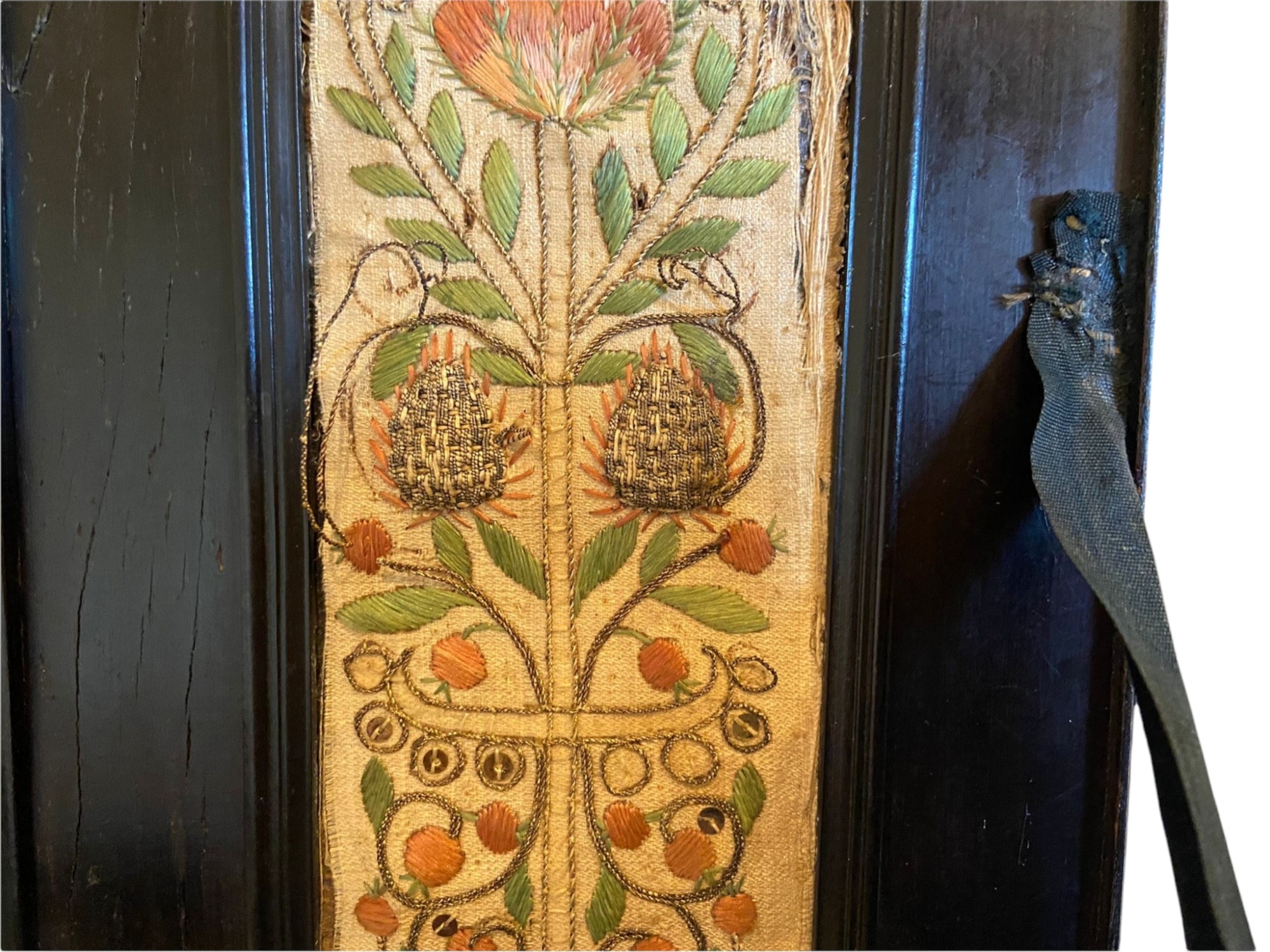 A RARE 17TH CENTURY EBONY IVORY AND EMBROIDERED RAISED WORK ANTWERP CABINET ON STAND The rise and - Image 9 of 12