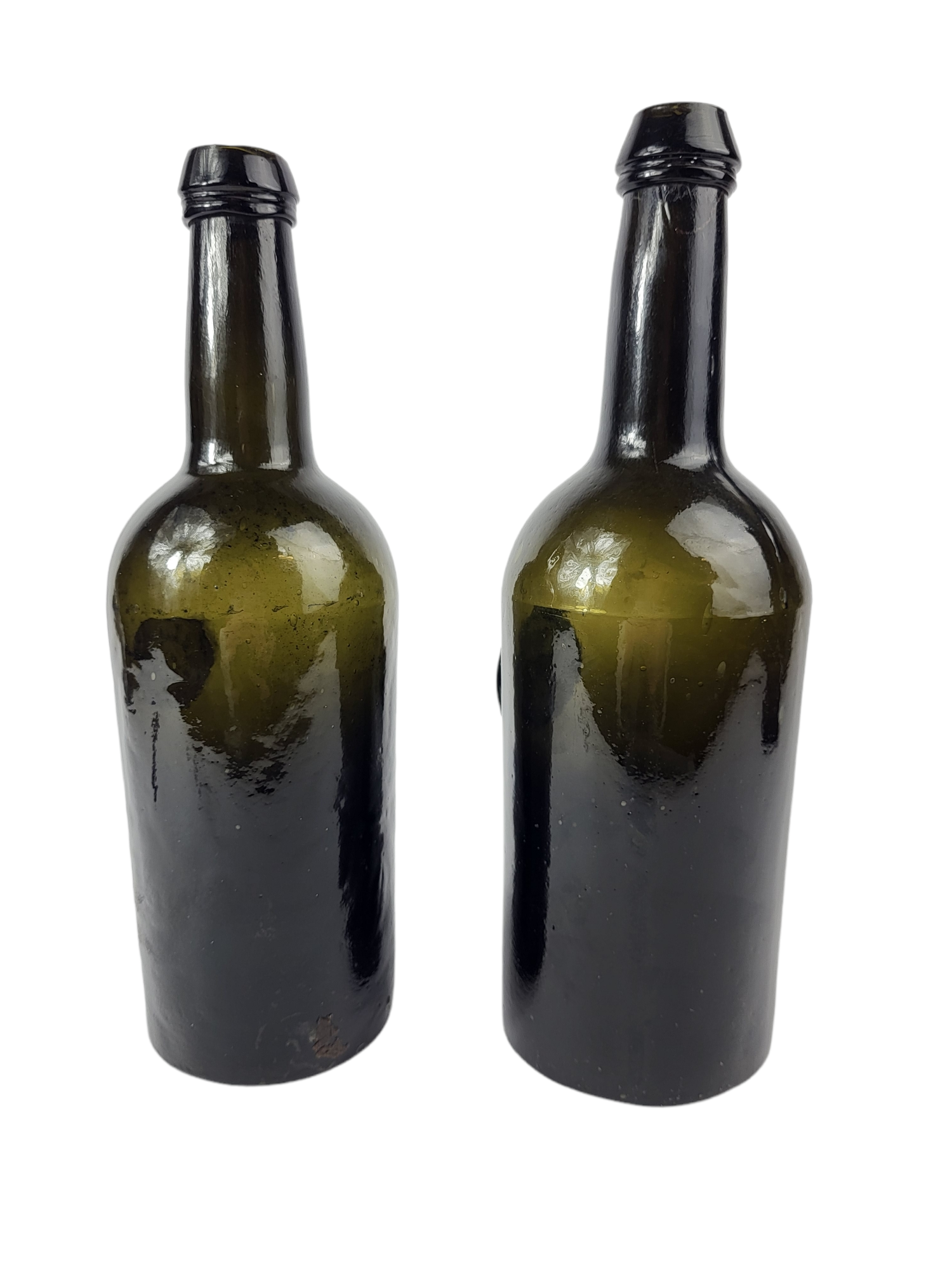 TWO MID 18TH CENTURY DARK GLASS CYLINDER WINE BOTTLES Moulded with circular medallion depicting a - Image 7 of 10