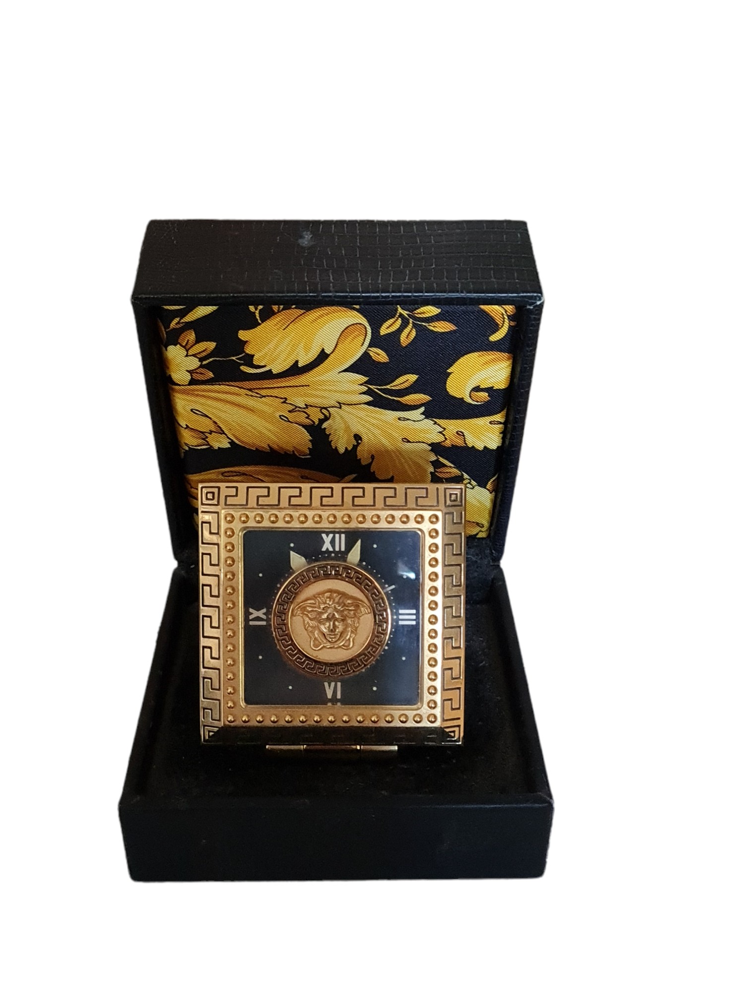 GIANNI VERSACE, A VINTAGE GILT METAL TRAVELING CLOCK In original padded case and outer box. (7cm x - Image 2 of 2