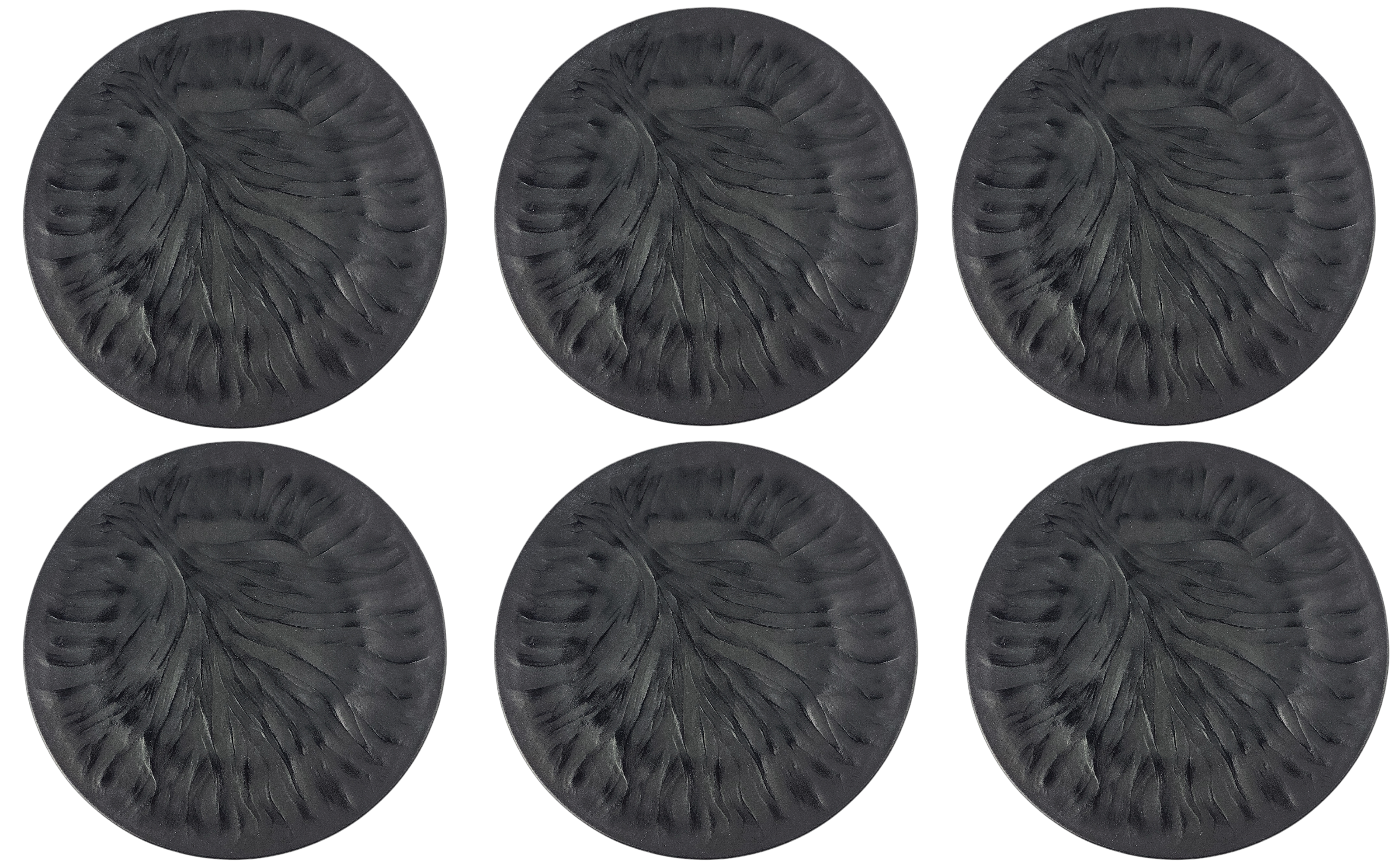 A SET OF SIX BLACK LALIQUE GLASS PLATES In the Algues pattern, etched on base 'Lalique, France'. (