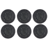 A SET OF SIX BLACK LALIQUE GLASS PLATES In the Algues pattern, etched on base 'Lalique, France'. (