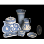 A GROUP OF VARIOUS WEDGWOOD ITEMS To include a vase, jug, pin trays, container and covers. (
