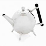 A CHRISTOPHER DRESSER DESIGN SILVER PLATED OVAL COFFEE POT With ebonised treen handle. (16cm)