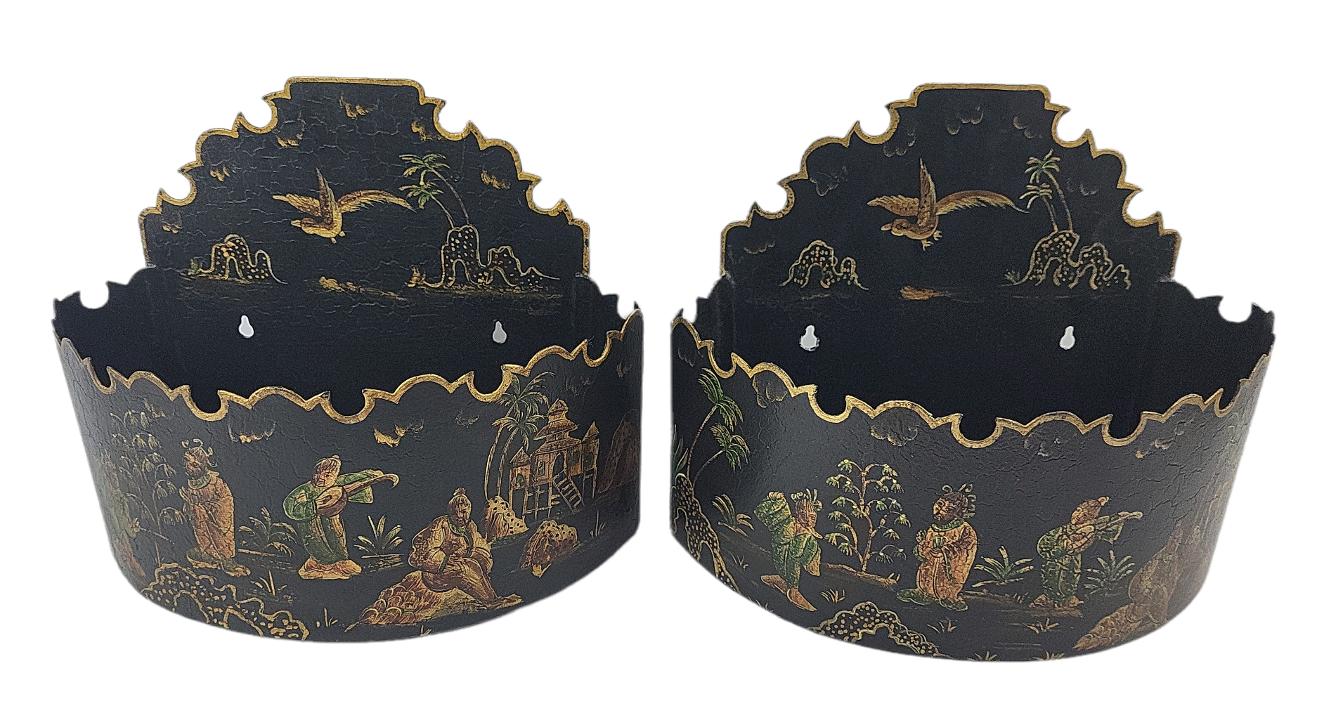 A PAIR OF LARGE CHINOISERIE DECORATED TOLEWARE TIN WALL POCKETS. (h 23cm x length 30cm x w 16cm)