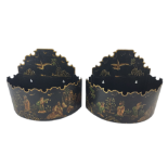 A PAIR OF LARGE CHINOISERIE DECORATED TOLEWARE TIN WALL POCKETS. (h 23cm x length 30cm x w 16cm)