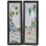 A PAIR OF CHINESE PORCELAIN PLAQUES Colourful family pastime scenes and poems, framed. (h 80cm)