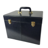 A LARGE BLUE LEATHER VANITY CASE Having a fitted interior and complete with contents, mirror and