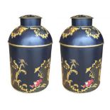 A PAIR OF LARGE CHINOISERIE DECORATED TOLEWARE TEA CANISTERS. (h 38cm) Condition: good