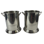 A PAIR OF LOUIS ROEDERER STYLE STAINLESS STEEL CHAMPAGNE COOLERS. (h 25cm x diameter 18.5cm)