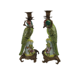 A MATCHING PAIR OF GILT METAL AND PORCELAIN PARROT CANDLESTICKS Perched on floral mounds. (h 36cm)