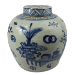 A LARGE BLUE AND WHITE POTTERY CHINESE QING DESIGN GINGER JAR Decorated with hand painted motifs. (