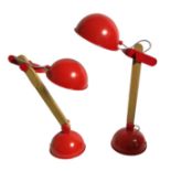 A PAIR OF CONRAN DESIGN RED STEEL AND OAK ADJUSTABLE TABLE LAMPS. (43cm) Condition: good throughout,