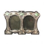 A STERLING SILVER AND ENAMEL ART NOUVEAU STYLE SMALL DOUBLE PHOTOGRAPH FRAME. (h 8cm x length