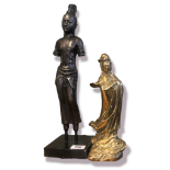 A POLISHED BRONZE STATUE OF GUANYIN Along with a patinated bronze statue of a Goddess. (tallest