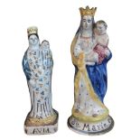 A 19TH CENTURY FRENCH FAIENCE HAND THROWN GROUP, VIRGIN MARY AND CHILD MODELLED AS QUEEN OF HEAVEN