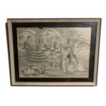 FOLLOWER OF SALVADOR DALÍ, PENCIL DRAWING Surrealist landscape, ruin buildings and figures, framed