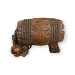 A RARE 19TH CENTURY GUÉRET FRÈRES, PARIS, CARVED LIMEWOOD LIQUOR BOX FORMED AS A BARREL, GUARDED