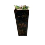 A 20TH CENTURY CHINESE STYLE BLACK LACQUER AND PAINTED PLANTER DECORATED WITH WILD DEERS AND BIRDS