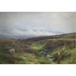 JOHN HOWARD LYON, 1870 - 1921, OIL ON CANVAS Titled 'Above Moor Strathyre', landscape with sheep,