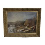 A 20TH CENTURY OIL ON CANVAS, STILL LIFE TROUT ON A RIVERBANK Signed lower right, held in a