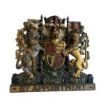 A RARE EARLY 19TH CENTURY CARVED GILTWOOD AND POLYCHROME UK ROYAL COAT OF ARMS As used in Scotland