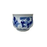 A CHINESE BLUE AND WHITE CENSOR JAR Decorated with philosophical figures in a garden setting. (h