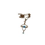 ART NOUVEAU 9CT GOLD, BLUE TOPAZ PENDANT AND CHAIN. (3.2g) Condition: chain AF