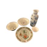 A COLLECTION OF FIVE CHINESE PORCELAIN ITEMS To include a famille rose shallow bowl having