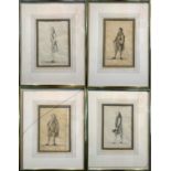 A SET OF FOUR 19TH CENTURY ENGLISH SCHOOL PEN, INK AND WASH DRAWINGS, CARICATURE FIGURES William