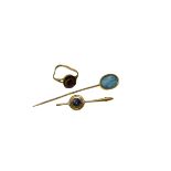 A 14CT GOLD AND OPAL LAPEL PIN To include a 15ct gold bar brooch and a 9ct gold garnet ring. (approx