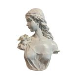 A DECORATIVE PAINTED BUST, A YOUNG LADY WEARING A ROSE. (h 54cm x d 24cm x w 44cm)